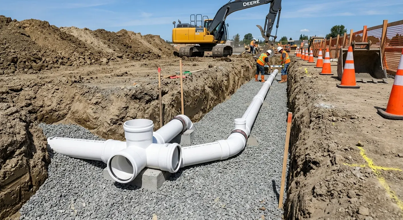 New PVC sewer pipe installation in open trench for Grease Trap Cleaning in Oregon