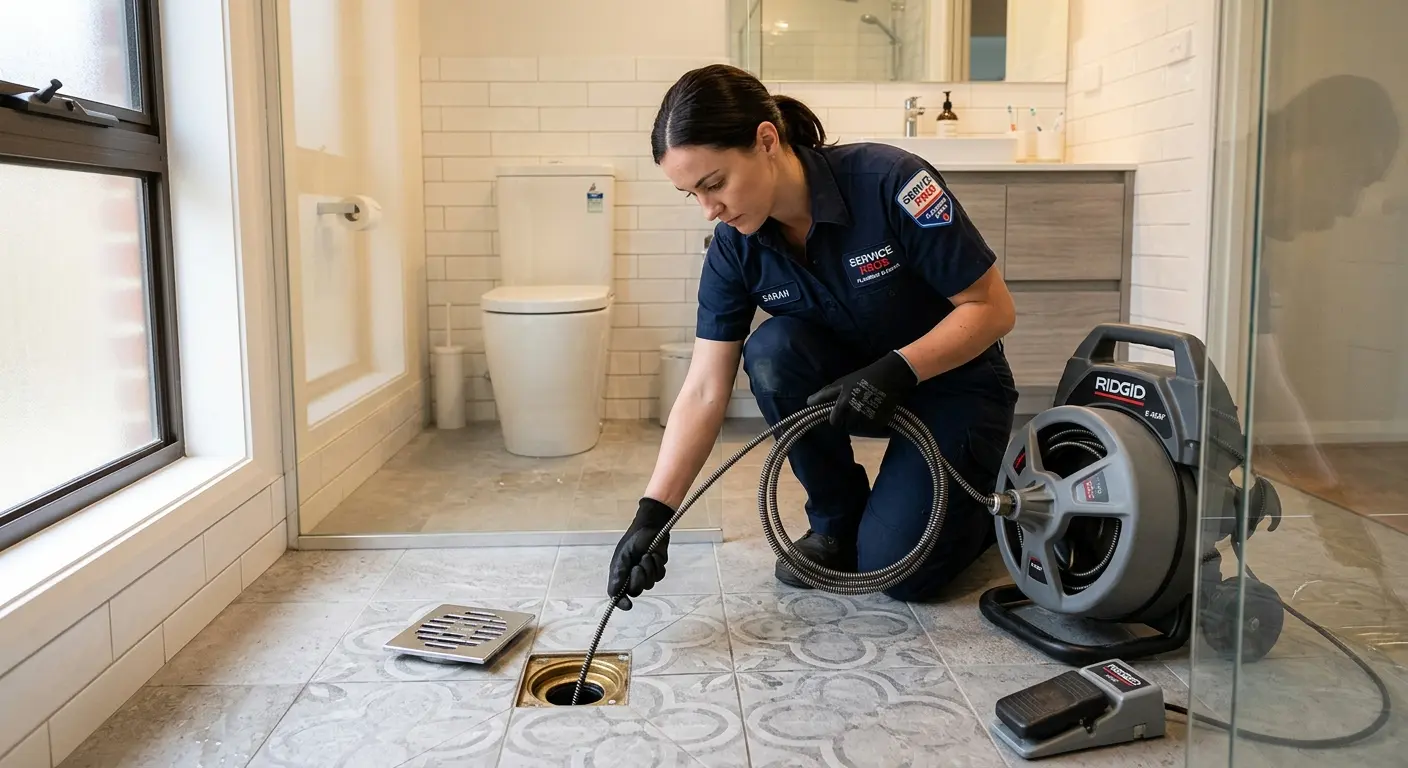 Technician clearing a bathroom floor drain for Sewer Line Installation in Oregon